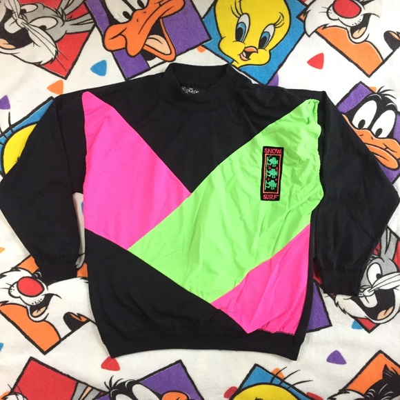 Vintage Sweaters - Vintage neon color block mock neck sweater